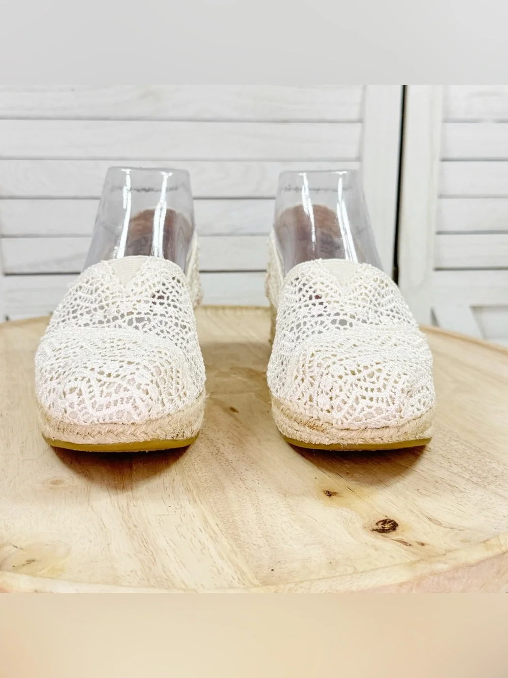 Bobs Skechers Crochet Lace Espadrille Wedge Slip On Shoes Ivory Cream 7 Boho